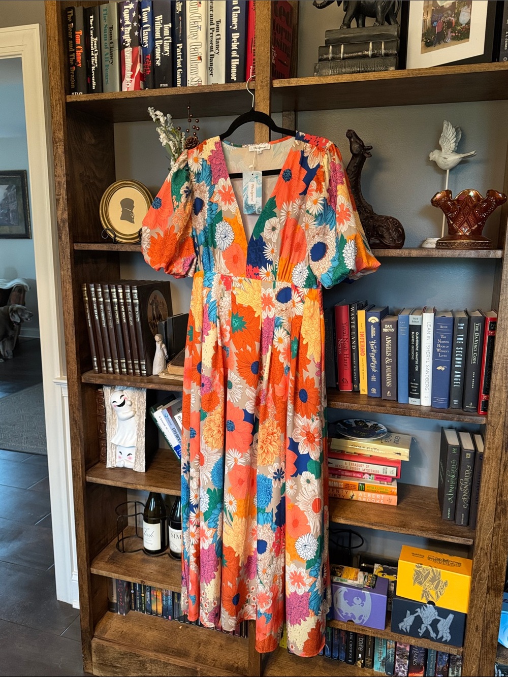 Floral V-Neck Midi Dress in Orange and Multi